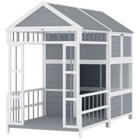 79"L Large Dog House Outdoor, Wooden Dog Kennel with Porch, Storage Cabinet,Weatherproof Roof, Windows (Option: Gray-1050x450x550 mm)