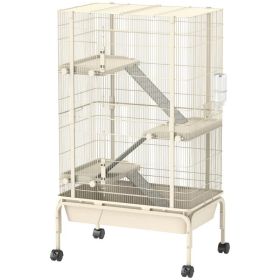 47inch Small Animal Cage, 4 Levels Large Rolling Metal Ferret Cage W 5.9Deep Tray, Ramps, Water Bottle, Food Dish, Beige (Option: Beige)