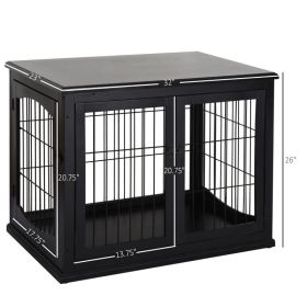Crate Furniture, 32Small Dog Cage End Table With 2 Doors, Lockable Door, Puppy Kennel Indoor, Black (Option: BLACK)